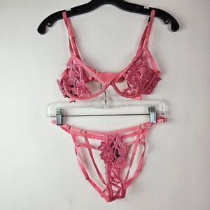 Victoria's Secret Unlined Floral Embroidered Demi Cut Out Bra Pink‎ 32D Bikini L
